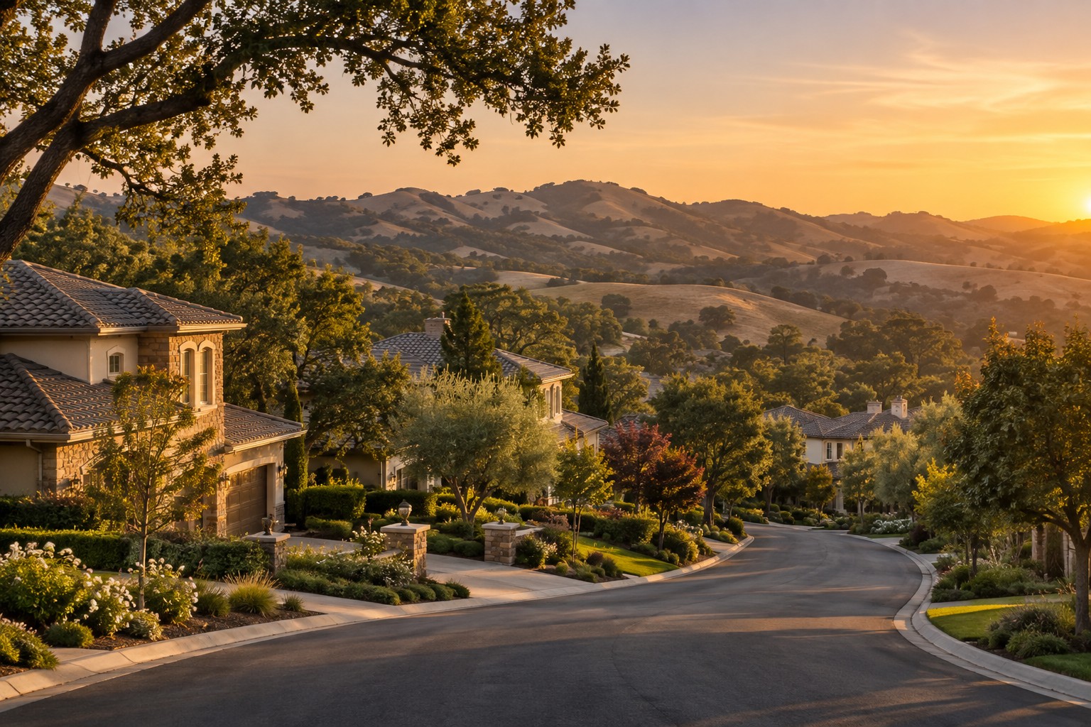 A Danville California hillside neighborhood at golden hour, illustrative