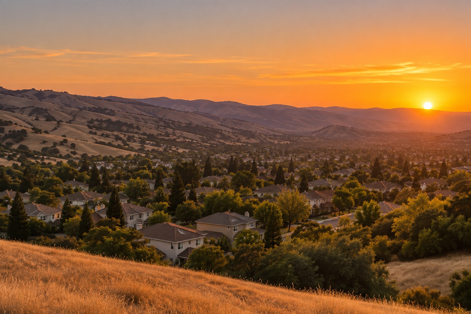 A San Ramon Valley community at sunset, illustrative