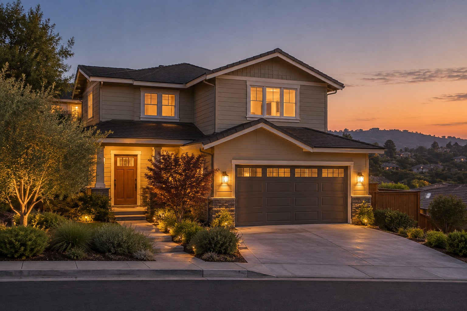 A Danville California home exterior at dusk, illustrative